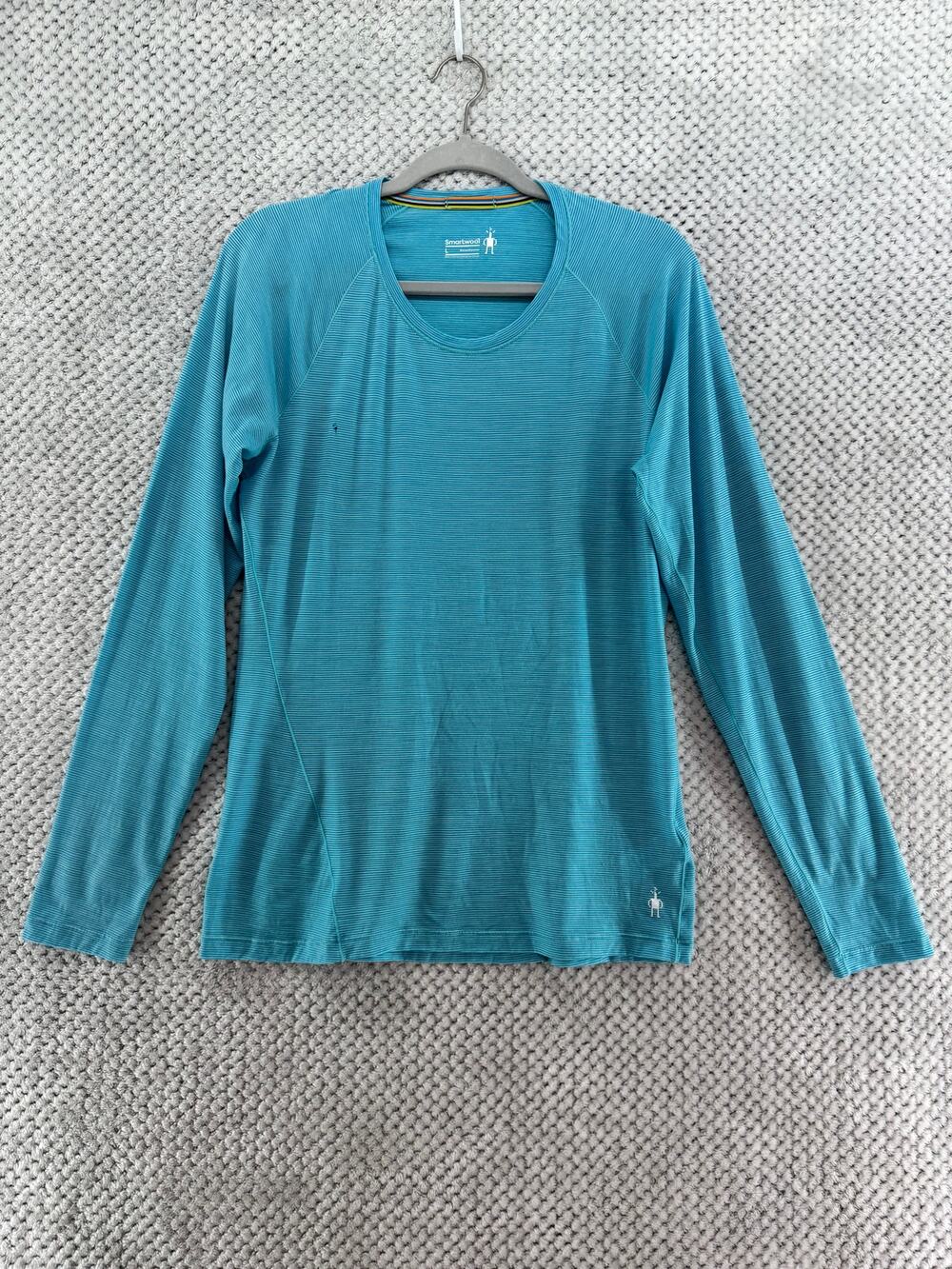 Smartwool Top Womens L Blue Striped Merino Wool Base Layer Crew Neck Long Sleeve